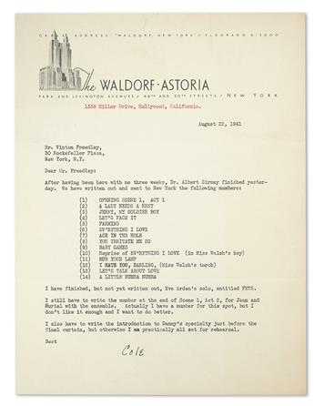 PORTER, COLE. Archive of 5 Typed Letters Signed, Cole, to producer Vinton Freedley, concerning the Broadway production of Lets Face